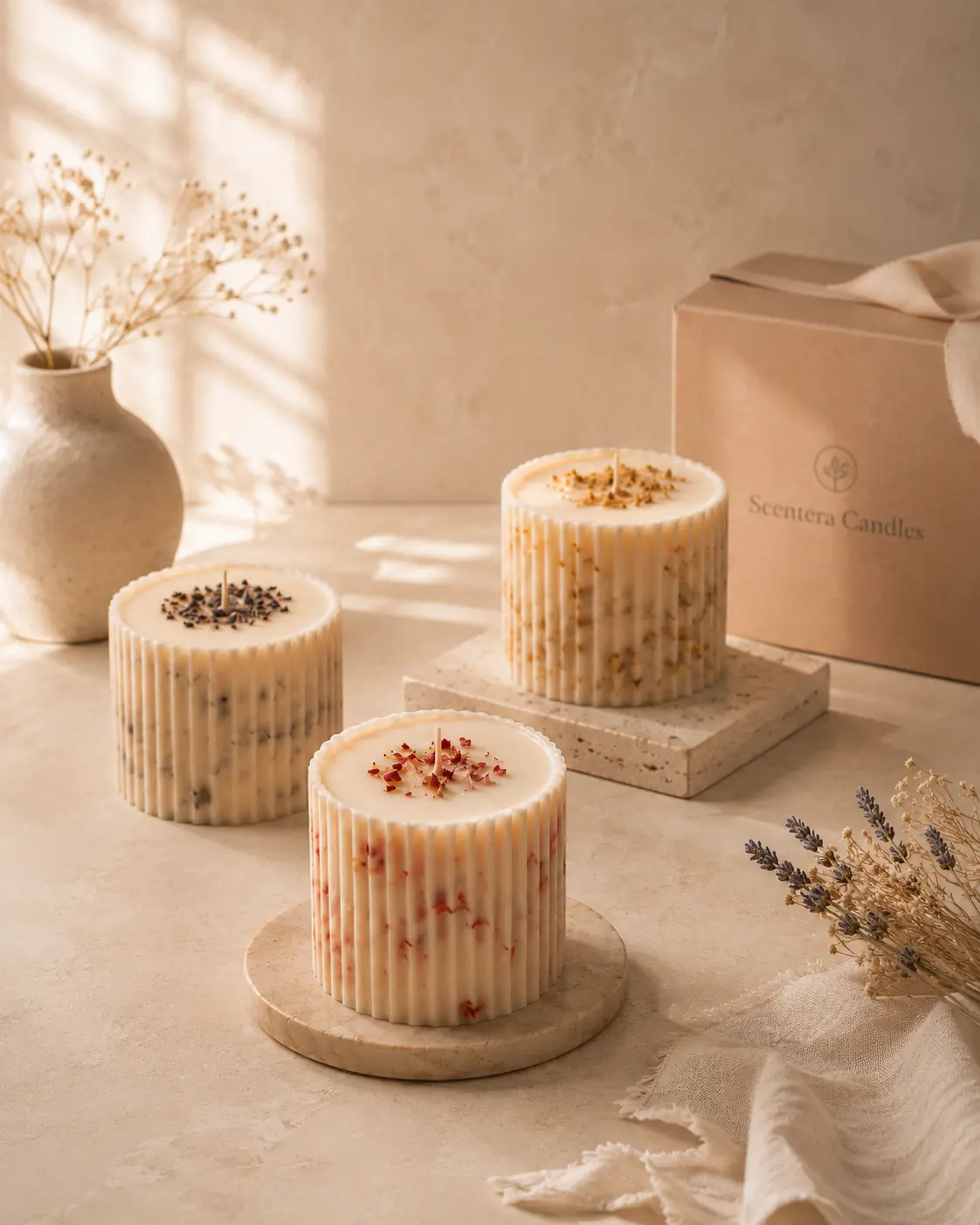 Hand-poured Scentera candle in gift packaging